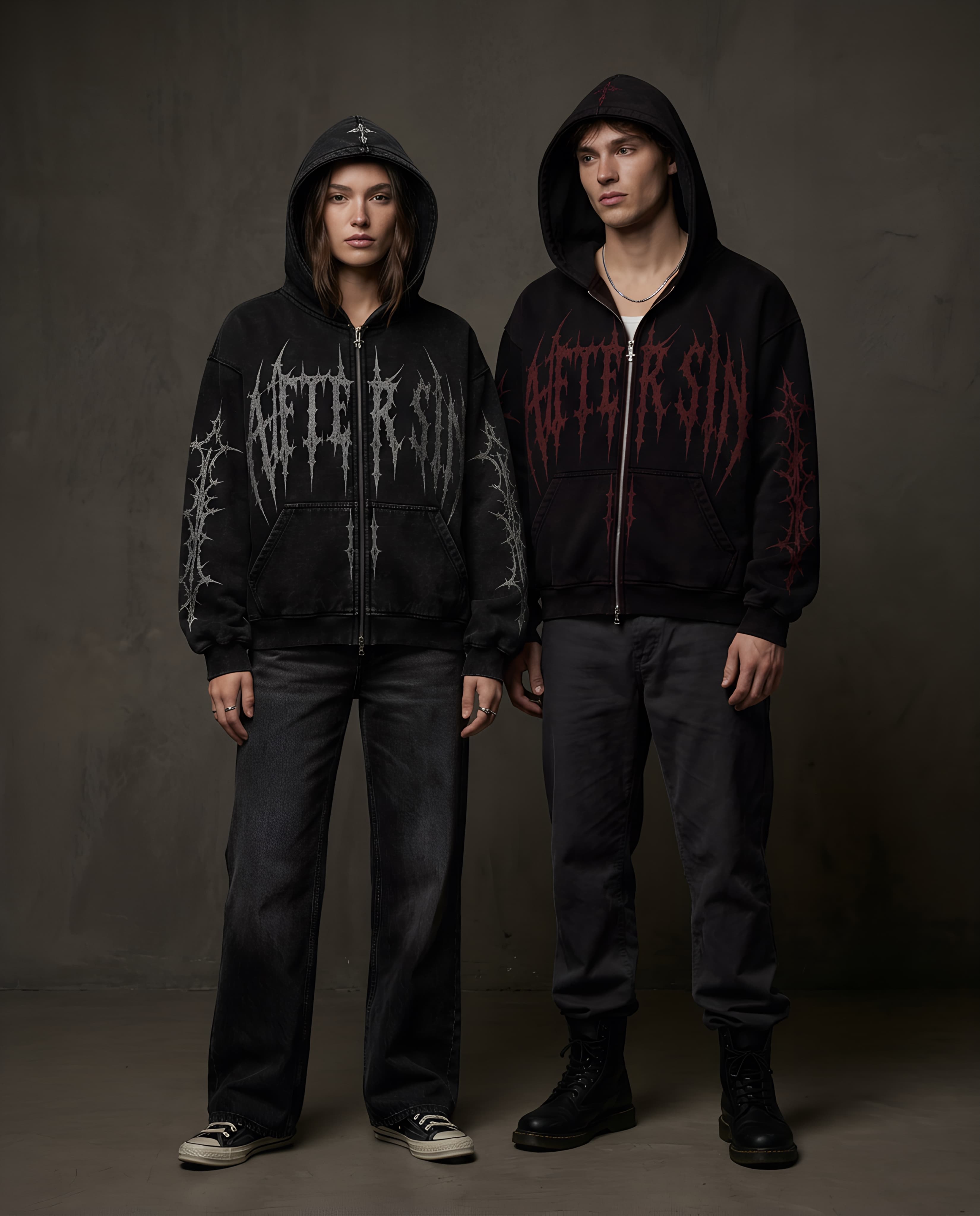 AFTER SIN Drop 001 — Consequence, Ash and Oxblood full-zip hoodies