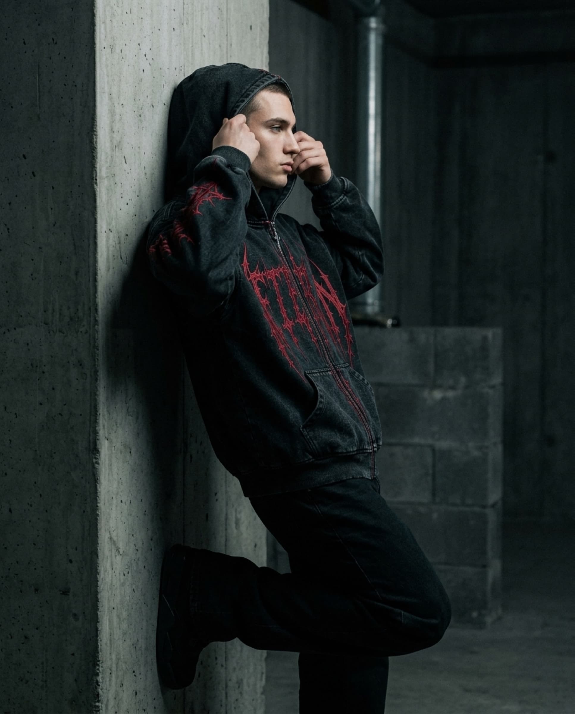 AFTER SIN Drop 001 full-zip hoodie, Oxblood colorway, campaign